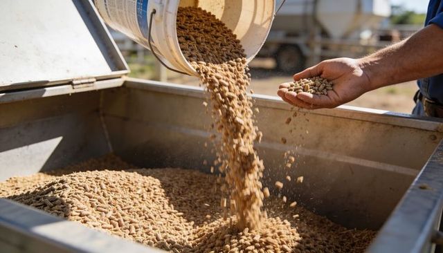 Pouring animal feed pellets into metal hopper with hand holding pellets on ranch