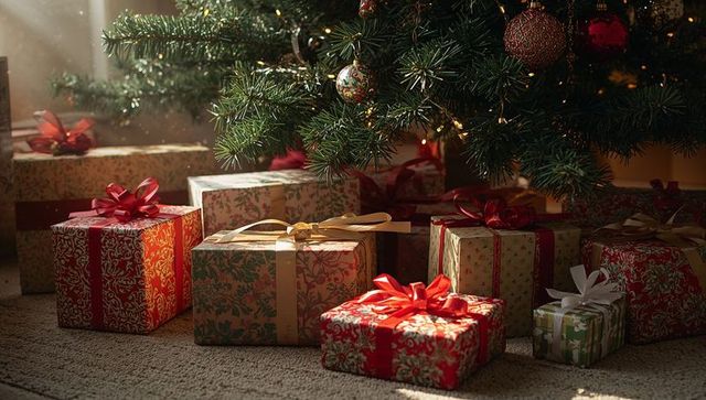 Sunlit christmas gifts nestled beneath decorated tree, satin ribbons glowing, warm holiday scene