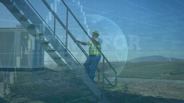 Construction worker in safety gear climbing stairs, overlaid with stock market graphs, highlighting the intersection of industrial growth and renewable energy sector. Suitable for illustrating articles about the industrial contributions to the financial market, renewable energy investments, or economic growth in construction and energy industries.