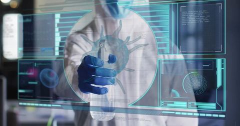 Scientist analyzing virus structure on futuristic holographic research interface