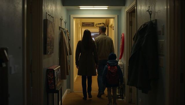 Parents and child walking down hallway toward lit doorway, parents wearing coats, child with backpac