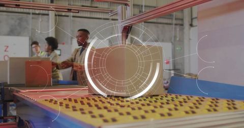 Automated warehouse packaging line with tech overlay