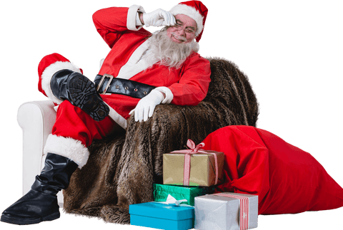 Cheerful santa claus sitting with christmas gifts transparent background