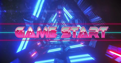 Neon futuristic game start text over abstract sci-fi tunnel