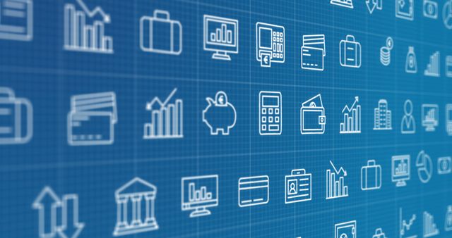 Digital Business and Finance Icons on Blue Grid Background - Download Free Stock Images Pikwizard.com