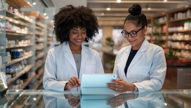 Smiling pharmacists reviewing digital information on tablet in pharmacy