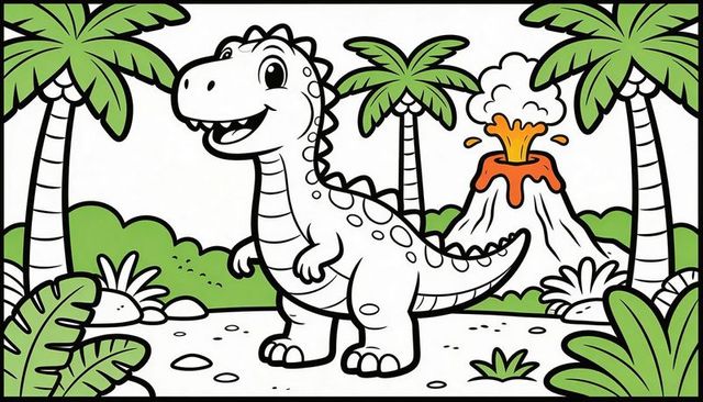 Happy cartoon dinosaur standing in jungle clearing with erupting volcano