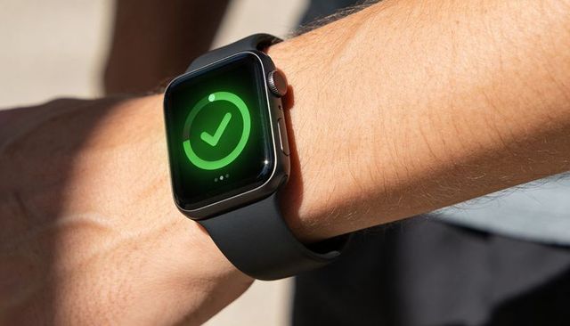 Smartwatch showing green check confirmation on black sport band, closeup wrist in sunlight