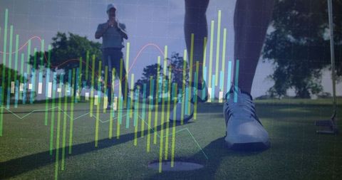 Person putting on golf course with data chart overlay