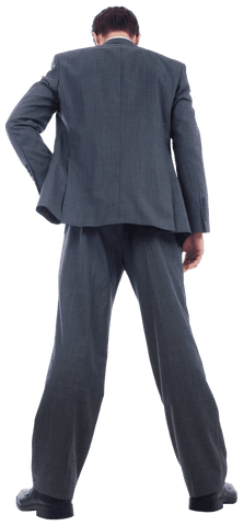 Rear View Successful Businessman Standing in Gray Suit Transparent Background