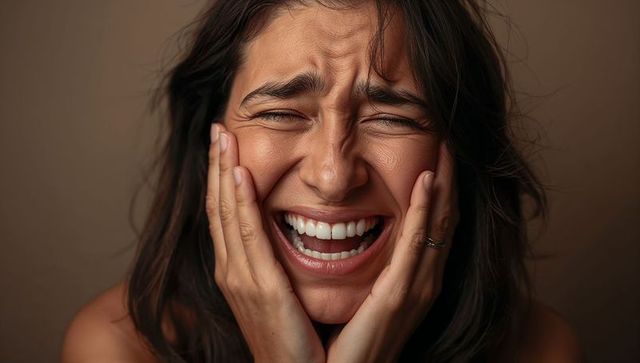 Closeup laughing woman pressing hands to cheeks showing ring natural joyful portrait