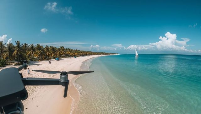 Tropical beach aerial view with wandering people and sailing yacht