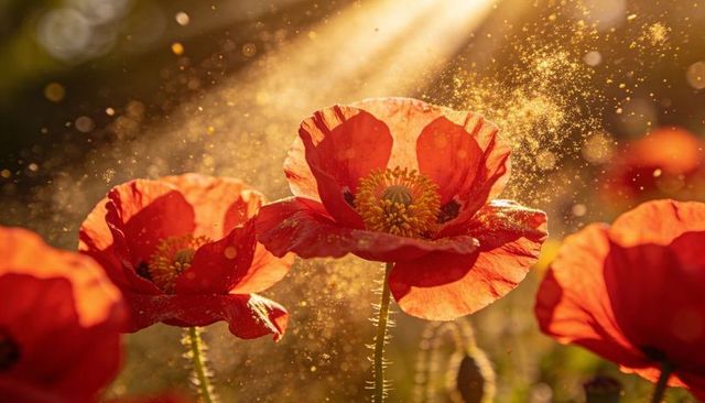 Glowing Backlit Red Poppy Macro with Floating Pollen and Sunbeam Glow