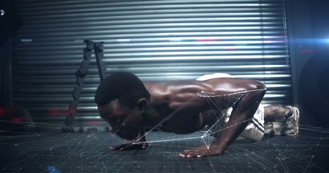 Athletic man focused on push-ups in gym environment with technological holographic overlay, combining traditional fitness with modern tech. Perfect for fitness apps, exercise guides, futuristic gym adverts, or workout inspiration.