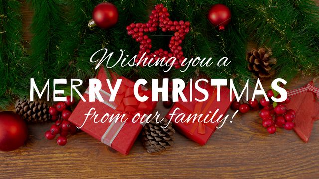 Horizontal image of white merry christmas from family text, with red gifts and baubles on tree. Christmas, seasonal greetings, tradition and celebration concept digitally generated image.