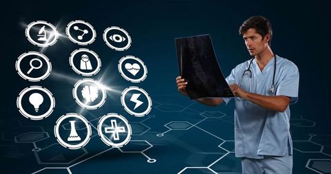 Medical Professional Analyzing X-ray with Futuristic Health Icons