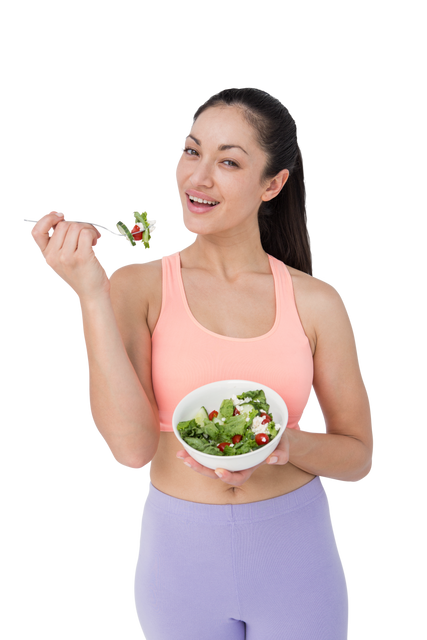 Transparent Image of Smiling Brunette Eating Fresh Salad - Download Free Stock Videos Pikwizard.com