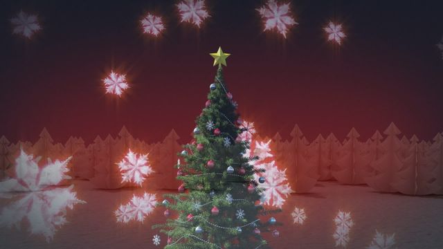 Animation of a beautifully decorated Christmas tree with glowing snowflakes in the background creates a magical holiday theme. Perfect for use in holiday greeting cards, festive social media posts, digital invitations, and seasonal promotions.