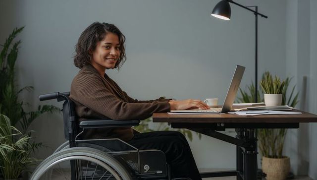 Smiling woman in wheelchair working at laptop in modern accessible office with plants