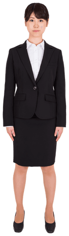 Transparent Businesswoman Smiling with Professional Attire, Full-Length Portrait