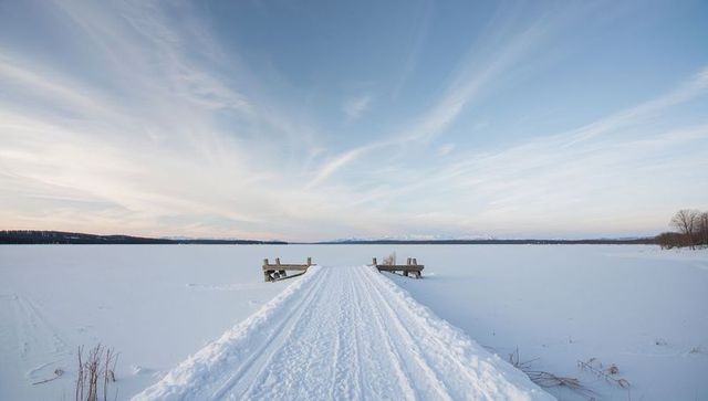 Snowy Pier Leading Over Frozen Lake Toward Distant Mountains Under Pastel Winter Sky