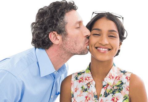 Man Kissing Woman on Cheek with Transparent Background