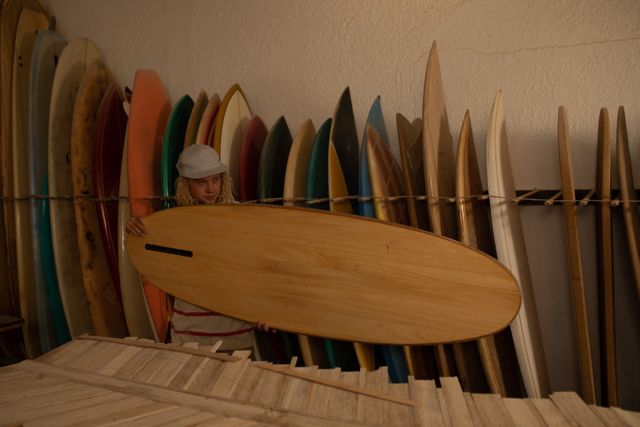 Caucasian male surfboard maker with long blonde hair, inspecting one of the surfboards in his workshop, with other surfboards in a rack behind him.