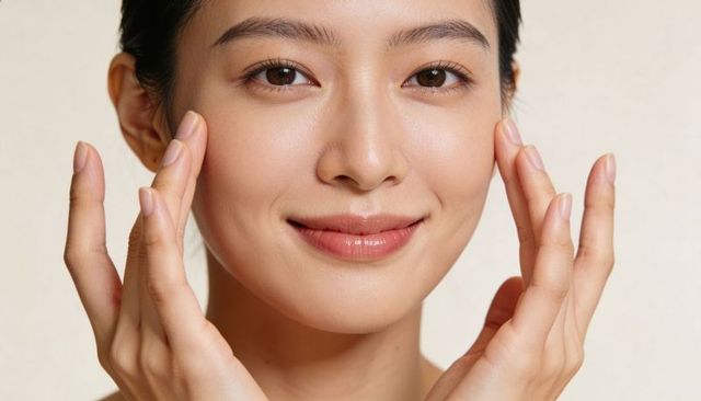 Young asian woman gently touching cheeks, showing glowing skin closeup for skincare beauty