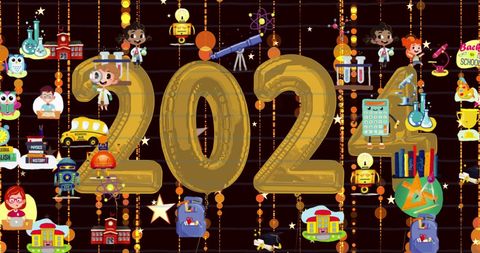 Colorful education icons surrounding 2024