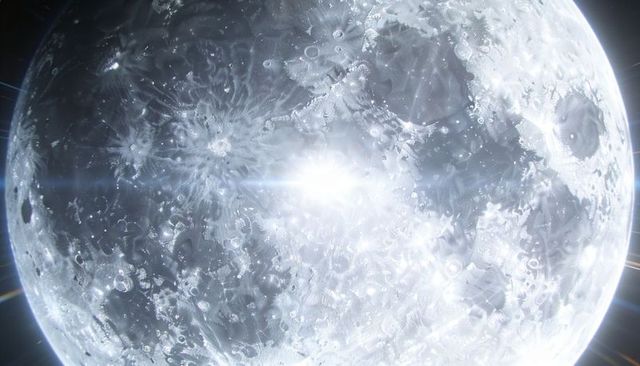 Glowing silvery lunar orb revealing deep craters, ejecta rays and blue lens flares, sci-fi backdrop