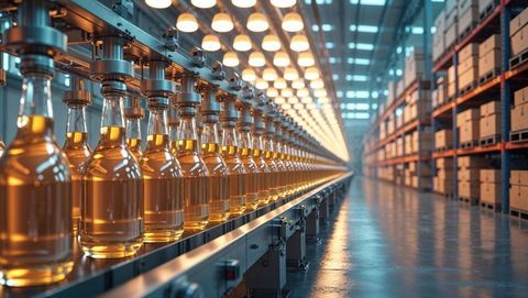 Glass bottles filled with corn syrup on conveyor in beverage manufacturing facility