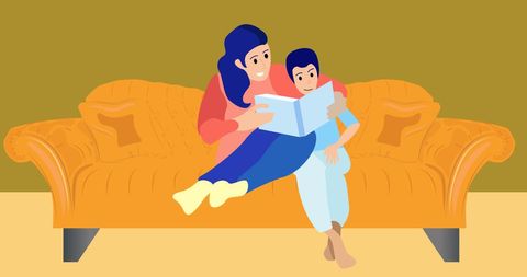 Mother Reading Book with Son on Cozy Orange Sofa - Download Free Stock Images Pikwizard.com