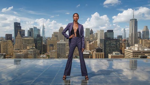 Elegant model posing in purple suit on modern rooftop