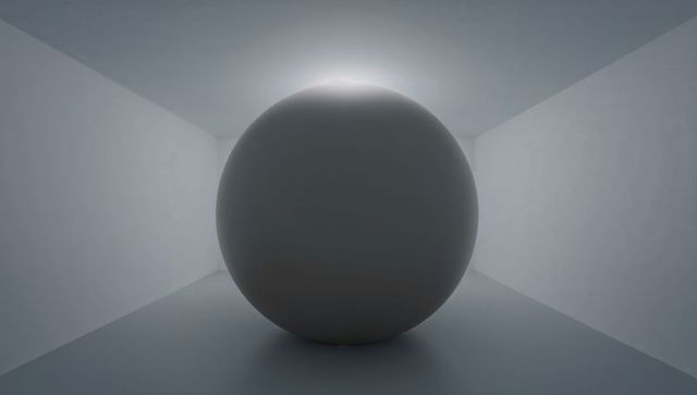 Monolithic matte grey sphere backlit in narrow minimalist architectural chamber with rim light