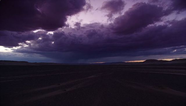 Violet stormfront gathering over vast arid plain with rain shaft, tire tracks leading to horizon