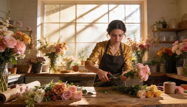 Florist arranging romantic mixed bouquet in sunlit rustic workshop using pruning shears