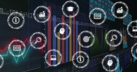 Digital Business Icons Overlay on Financial Data Analytics Display - Download Free Stock Images Pikwizard.com