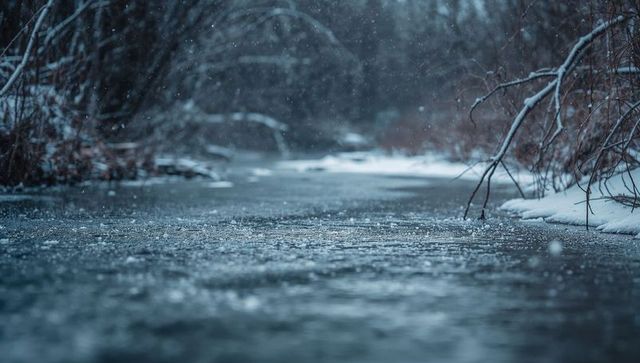 Frozen woodland creek revealing thin ice and falling snowflakes, tranquil winter scene