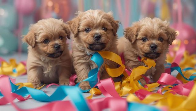 Adorable puppies with colorful birthday celebration ribbons