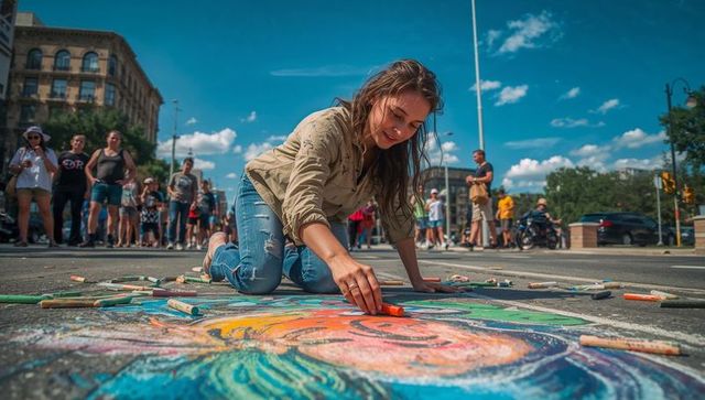 Young woman creating vibrant chalk portrait on city street during street art festival