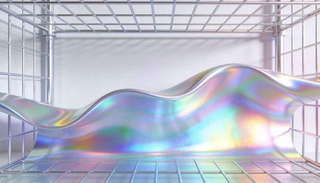 Iridescent wavy film draping over chrome grid cube pastel holographic reflective backdrop