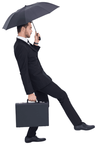 Businessman Balancing with Umbrella and Briefcase on Transparent Background