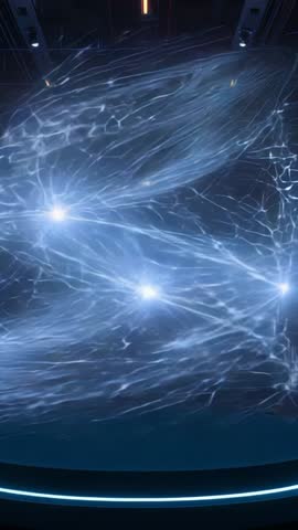 Vertical futuristic loop of glowing network filaments swirling and activating three nodes