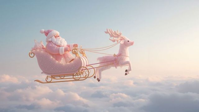Rosy-pink santa gliding in ornate gold sleigh pulled by pastel reindeer over clouds