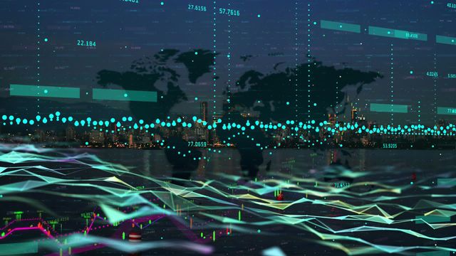 Vibrant representation of global data processing combined with a world map and city skyline in the background. Ideal for use in presentations, websites, articles about modern technology, global finance, and data analytics.