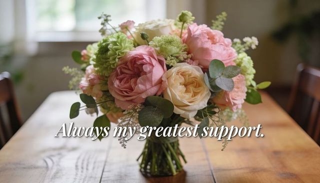 Pastel rose bouquet on wooden table featuring overlaid text 'always my greatest support'