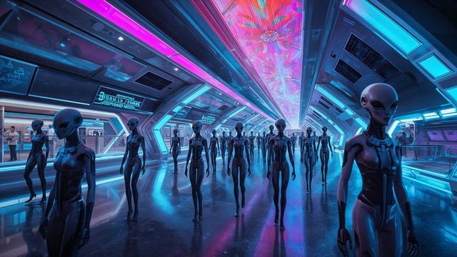 Futuristic aliens marching in sci-fi neon corridor