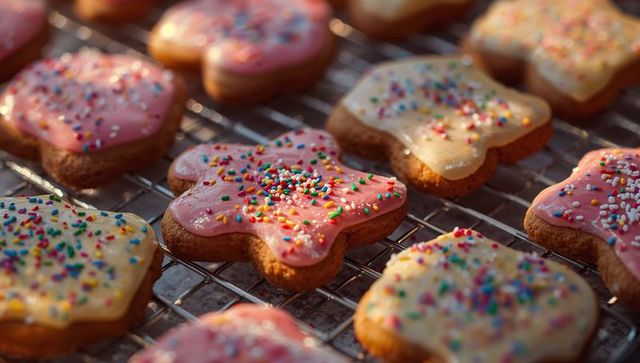 Flower-shaped iced cookies with sprinkles on cooling rack