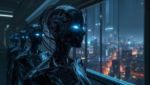 Futuristic female androids overlooking city skyline