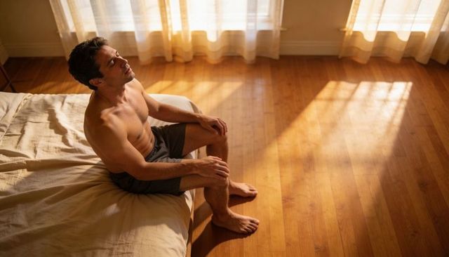Shirtless man sitting on bed in sunlit bedroom, morning contemplation and calm minimalism